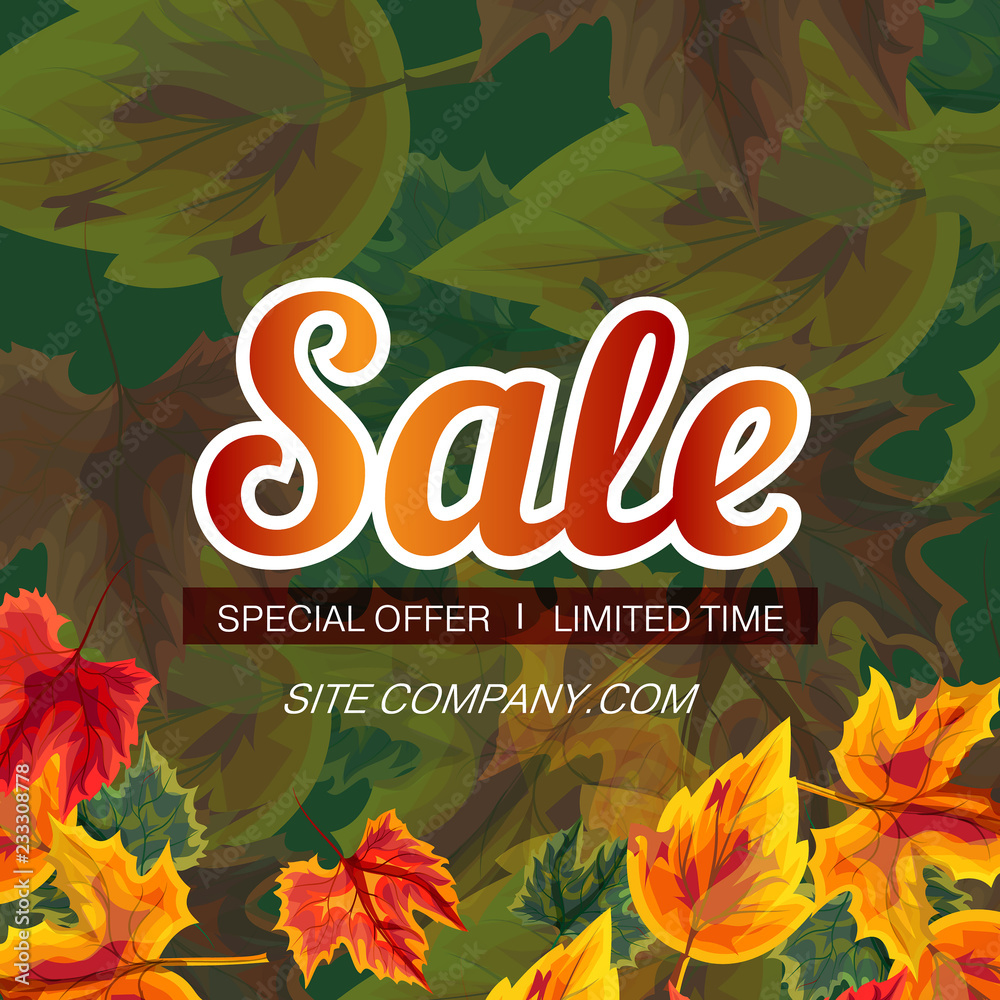 Obraz premium Trendy design of modern web banner with word Sale and autumnal leaves on green background