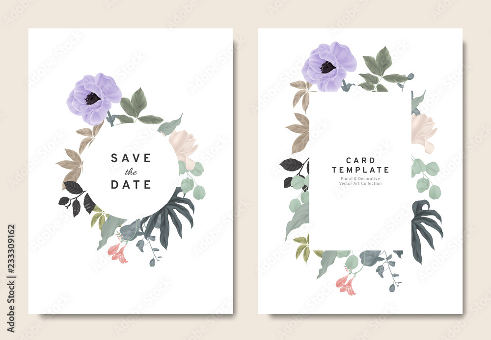 Floral wedding invitation card template design, bouquets of purple anemone, magnolia, freesia and leaves with circle and rectangle frames on white background, vintage style