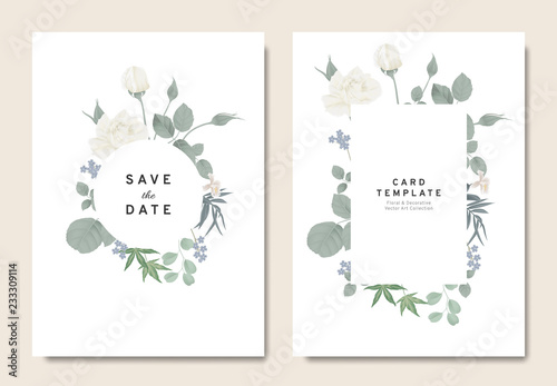 Floral wedding invitation card template design, bouquets of white rose, orchi...