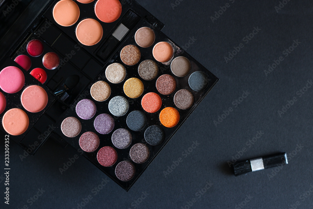 A multicolored set of shadows and blush. Cosmetics for girls and women. A multicolored set of shadows and blush. Cosmetics for girls and women.