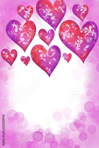 Valentine, Love, Hearts Fun cute look with ribbons  glitter bokeh, hand drawn greeting card and design for poster, invitation ads, with space for text and copy.
