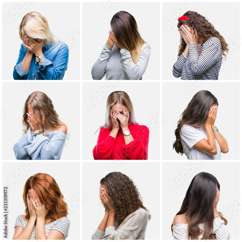 Collage of young beautiful women over isolated background with sad expression covering face with hands while crying. Depression concept.