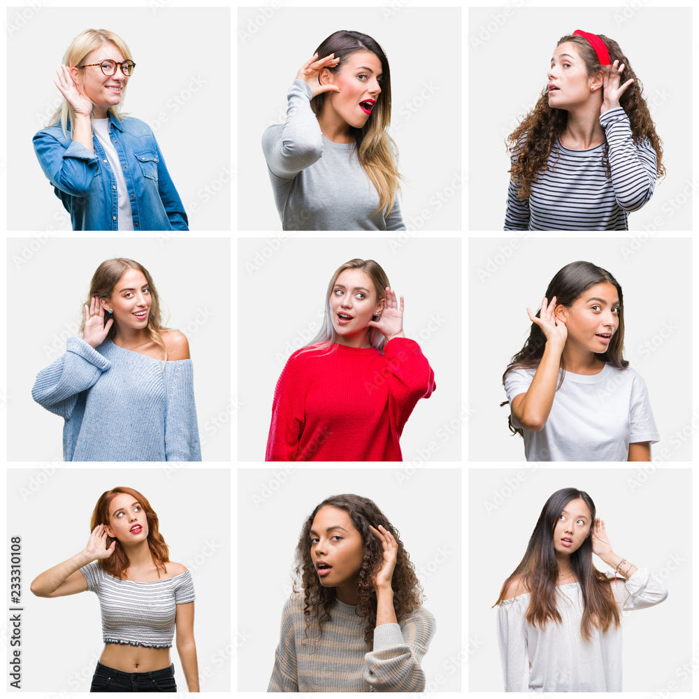 Collage of young beautiful women over isolated background smiling with hand over ear listening an hearing to rumor or gossip. Deafness concept.
