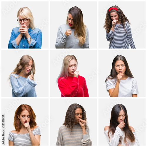 Collage of young beautiful women over isolated background feeling unwell and coughing as symptom for cold or bronchitis. Healthcare concept.