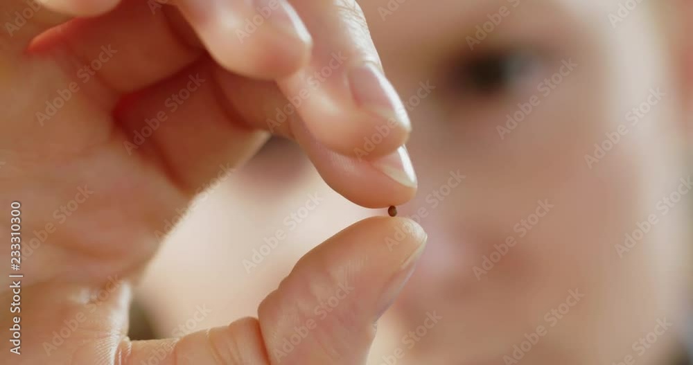 Slow motion closeup of a woman holding a single mustard seed in her hand.