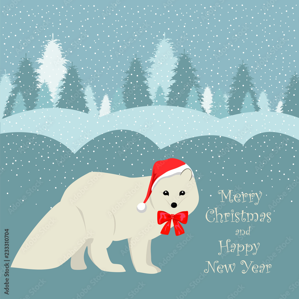 Arctic Fox in Santa hat. illustration of a Northern Fox Arctic Fox in Santa hat. illustration of a Northern Fox