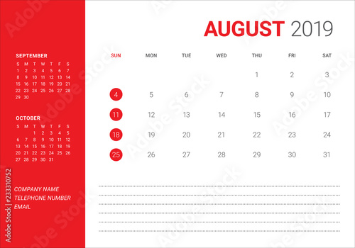 August 2019 desk calendar vector illustration
