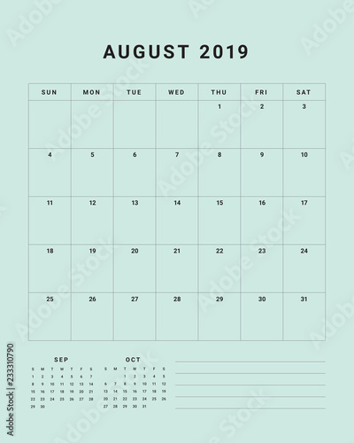 August 2019 desk calendar vector illustration
