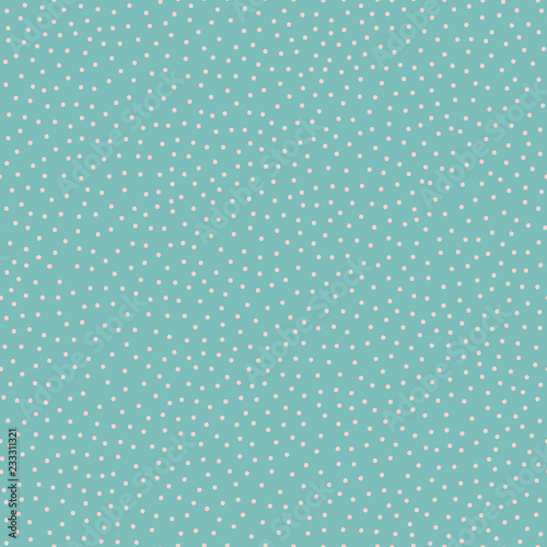 Seamless vector background pattern of tiny pale dots on turquoise background. Dots are randomized, has organic feel. Scattered and pretty, for textiles, paper and coordinating designs.