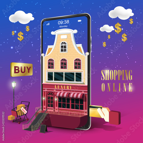 Fototapeta Naklejka Na Ścianę i Meble -  Luxury Shopping Online on Mobile Phone Night Vector