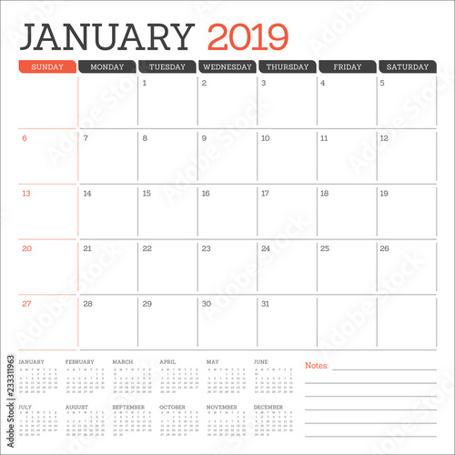 January 2019 desk calendar vector illustration