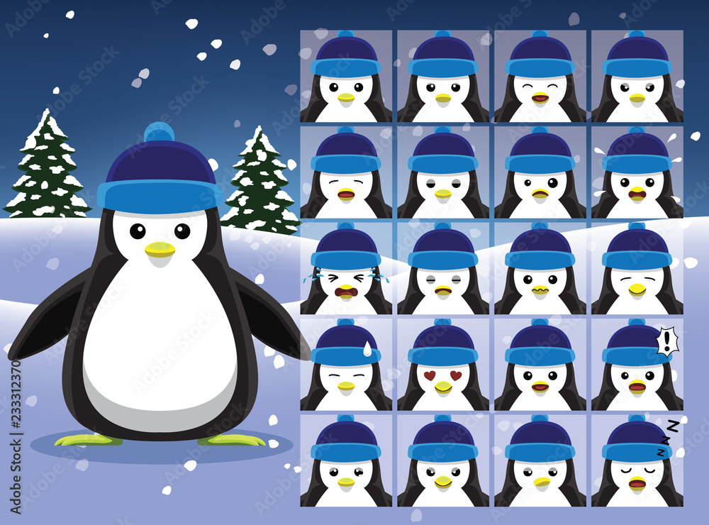 Obraz premium Christmas Penguin Cartoon Emotion faces Vector Illustration