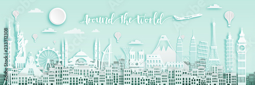 Famous landmark for travel ,England,France,Spain,America,China,Japan,Malasia,singapore,Italy,Hongkong,Turkey,Taiwan,Dubai in paper art style.