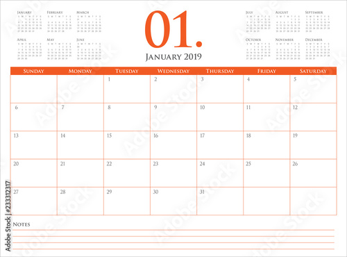 January 2019 desk calendar vector illustration