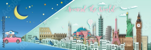 Famous landmark for travel ,England,France,Spain,America,China,Japan,Malasia,singapore,Italy,Hongkong,Turkey,Taiwan,Dubai in paper art style.