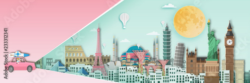 Famous landmark for travel ,England,France,Spain,America,China,Japan,Malasia,singapore,Italy,Hongkong,Turkey,Taiwan,Dubai in paper art style.