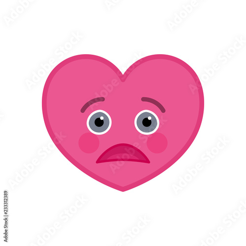 Deplorable heart shaped funny emoticon icon. Sad pink emoji symbol. Social communication and online chatting vector element. Sorrowful face showing facial emotion. Valentine's day mascot in flat style