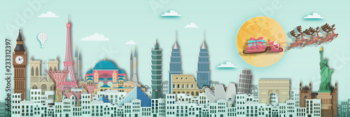 merry christmas around the world ,England,France,Spain,America,China,Japan,Malasia,singapore,Italy,Hongkong,Turkey,Taiwan,Dubai in paper art style.