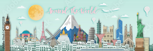 Famous landmark for travel ,England,France,Spain,America,China,Japan,Malasia,singapore,Italy,Hongkong,Turkey,Taiwan,Dubai in paper art style.