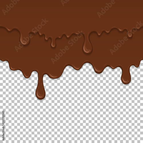 Brown sticky liquid element. Realistic dripping slime isolated object. Dessert background with melted chocolate. Popular kids sensory game. Dark chocolate flowing repeatable vector illustration.