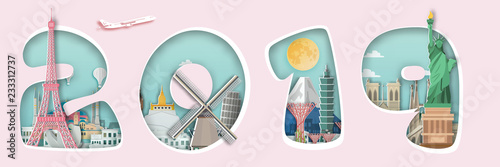 Famous landmark for world travel ,England,France,Spain,America,China,Japan,Malasia,singapore,Italy,Hongkong,Turkey,Taiwan,Dubai , paper art style.