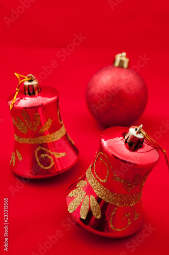 christmas decoration toys on red background