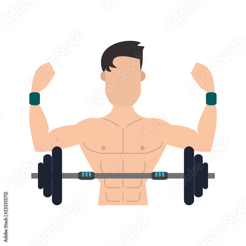 Man flexing muscular arms and barbell