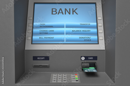 3d rendering of an ATM machine with its screen and button panel in a close view.