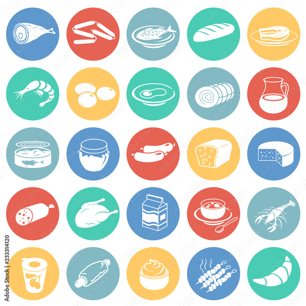 Food set on color circles background icons Food set on color circles background icons