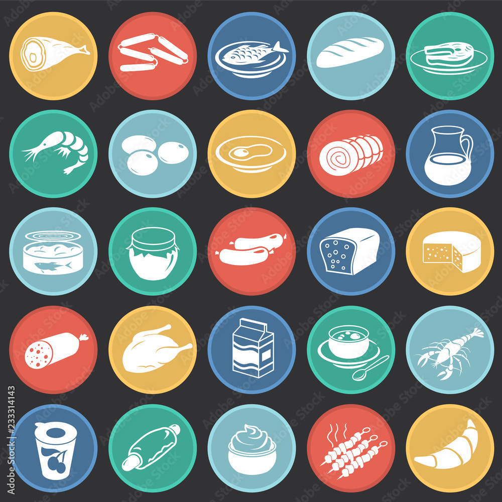 Food set on color circles black background icons Food set on color circles black background icons
