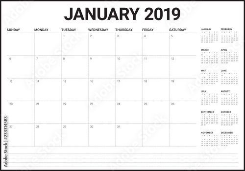 January 2019 desk calendar vector illustration