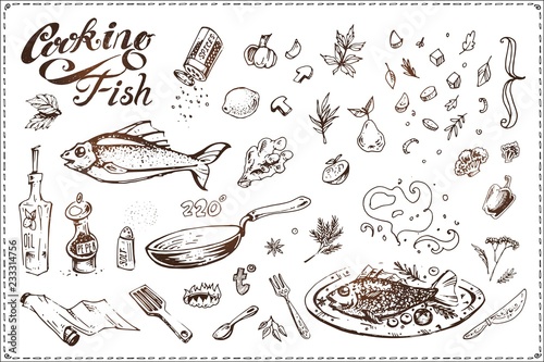 Fish cooking. Hand drawn vintage vector icons
