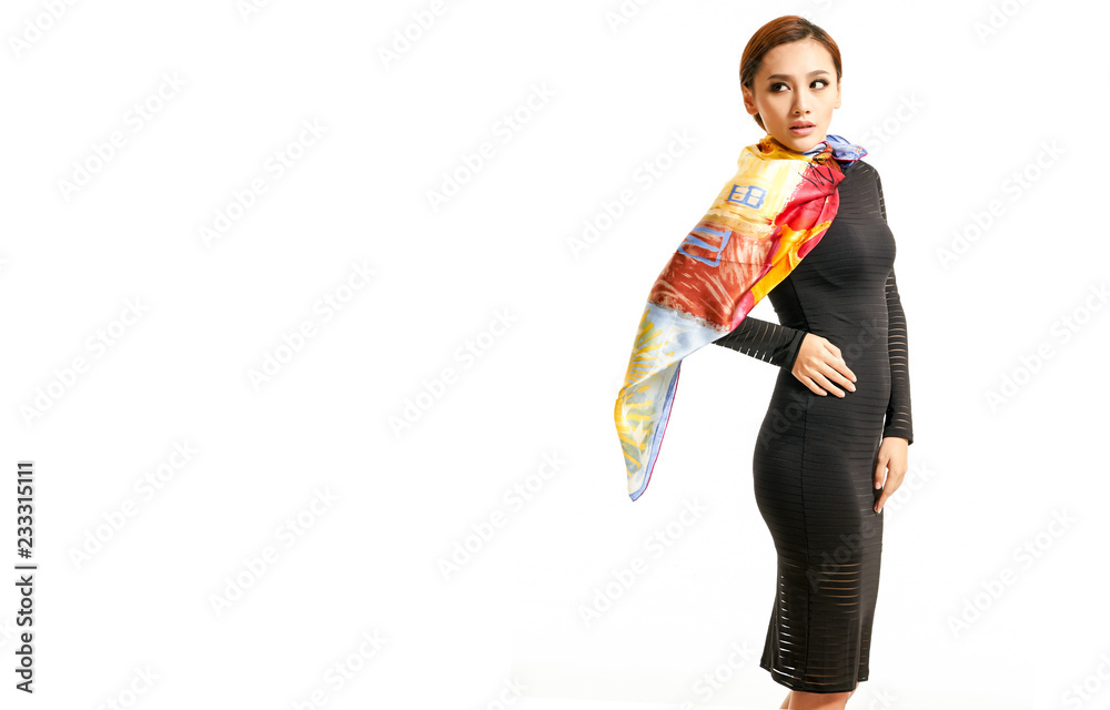 Asian girl wearing a beautiful silk scarf on white Asian girl wearing a beautiful silk scarf on white