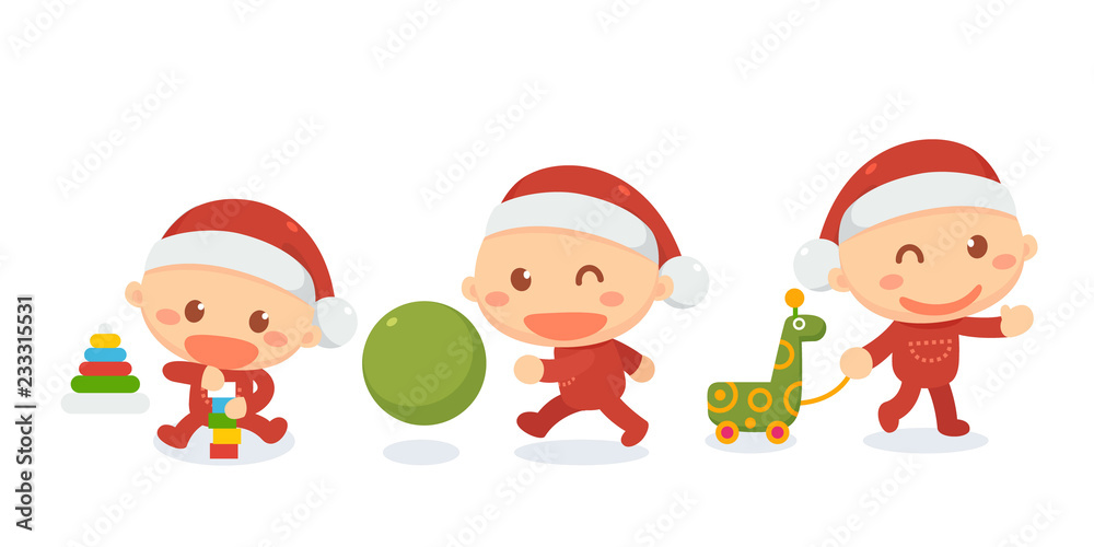 Newborn baby in Santa costume is playing toys. Christmas and New Year. Holiday season.