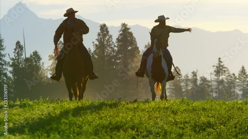 Cowboy Riders galloping forest wilderness area Canada photo
