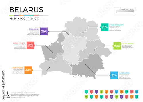 Belarus map infographics with editable separated layers  zones  elements and district area in vector