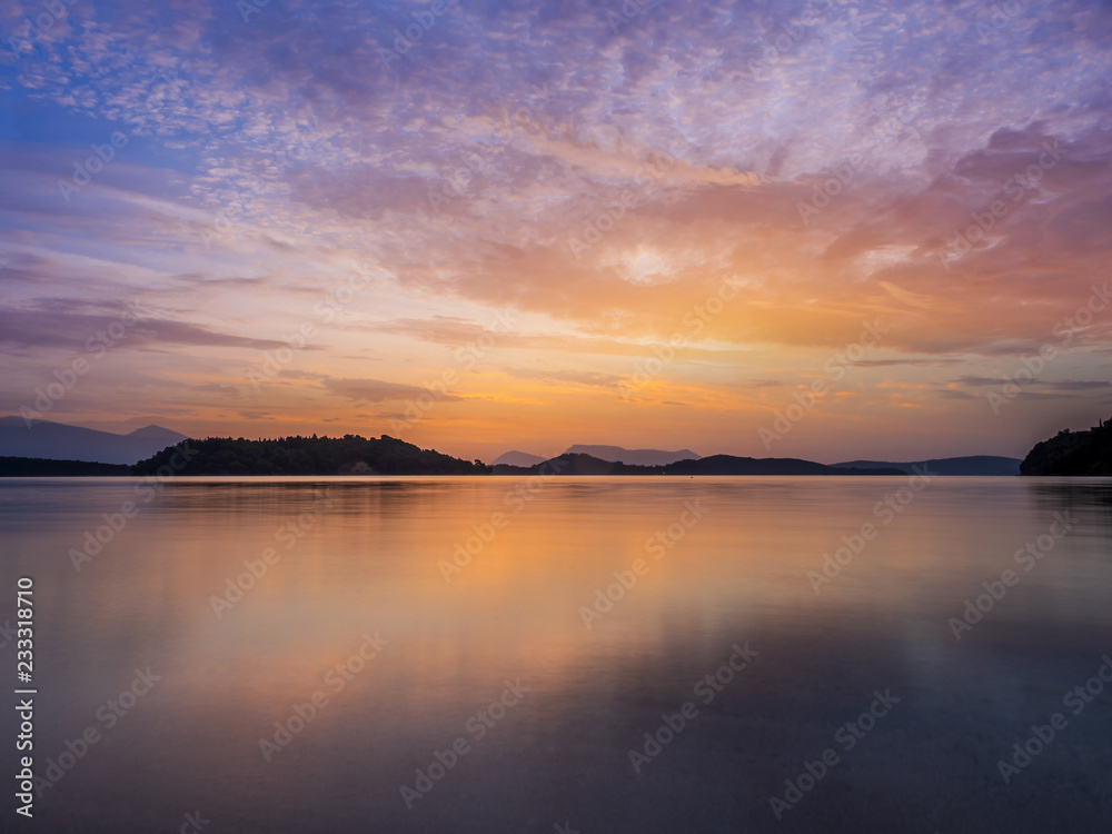 Sunrise on the bay of Nidri in Lefkas island Greece