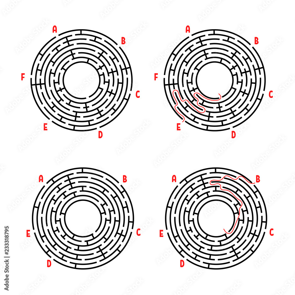 A set of round mazes. Game for kids. Puzzle for children. Labyrinth conundrum. Flat vector illustration isolated on white background. With answer. A set of round mazes. Game for kids. Puzzle for children. Labyrinth conundrum. Flat vector illustration isolated on white background. With answer.