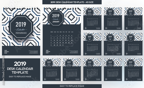 Marble Desk Calendar 2019 template - 12 months included - A5 Size