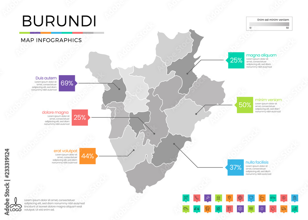 Burundi map infographics with editable separated layers, zones, elements and district area in vector