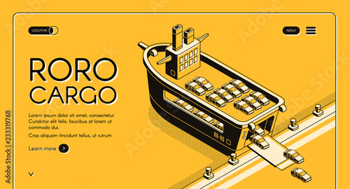 Cargo transport company isometric vector web banner, site design template with cars loading on RORO ship at berth in port line art illustration. Vehicles delivery by vessel online service landing page