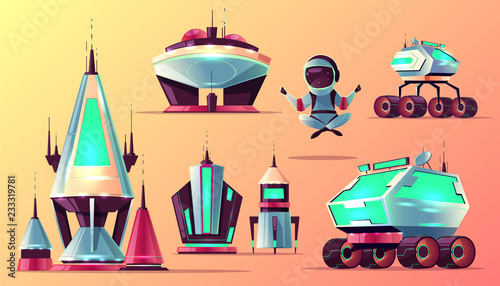 Future space exploring technologies, planets colonization architecture cartoon vector icons set. Futuristic starships, space stations buildings, astronaut and Mars rovers illustrations collection