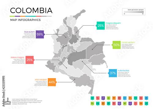 Colombia map infographics with editable separated layers  zones  elements and district area in vector
