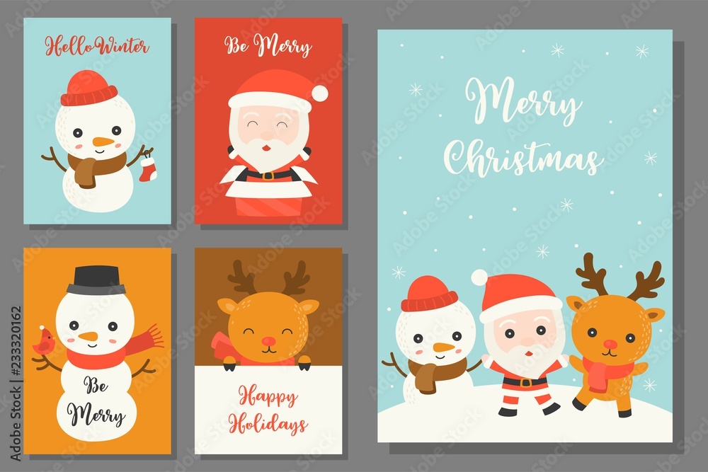 Fototapeta premium greeting card hand drawn doodle Christmas set with cute character in flat design