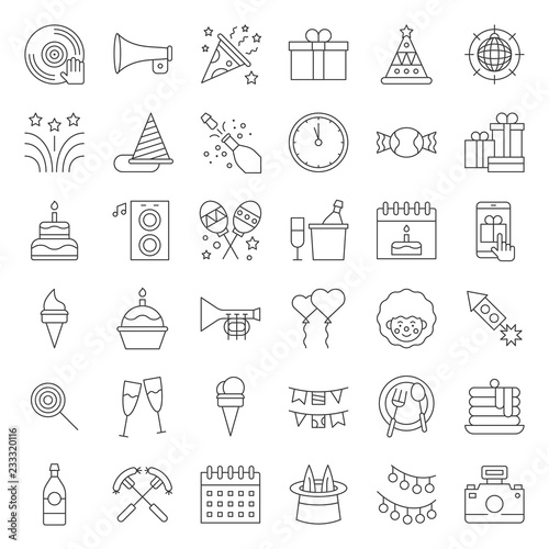 Birthday party, party related icon set, editable stroke outline on white background