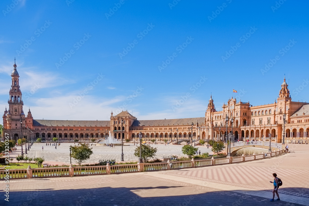 Landscape view of Plaza de España, Seville, Spain.