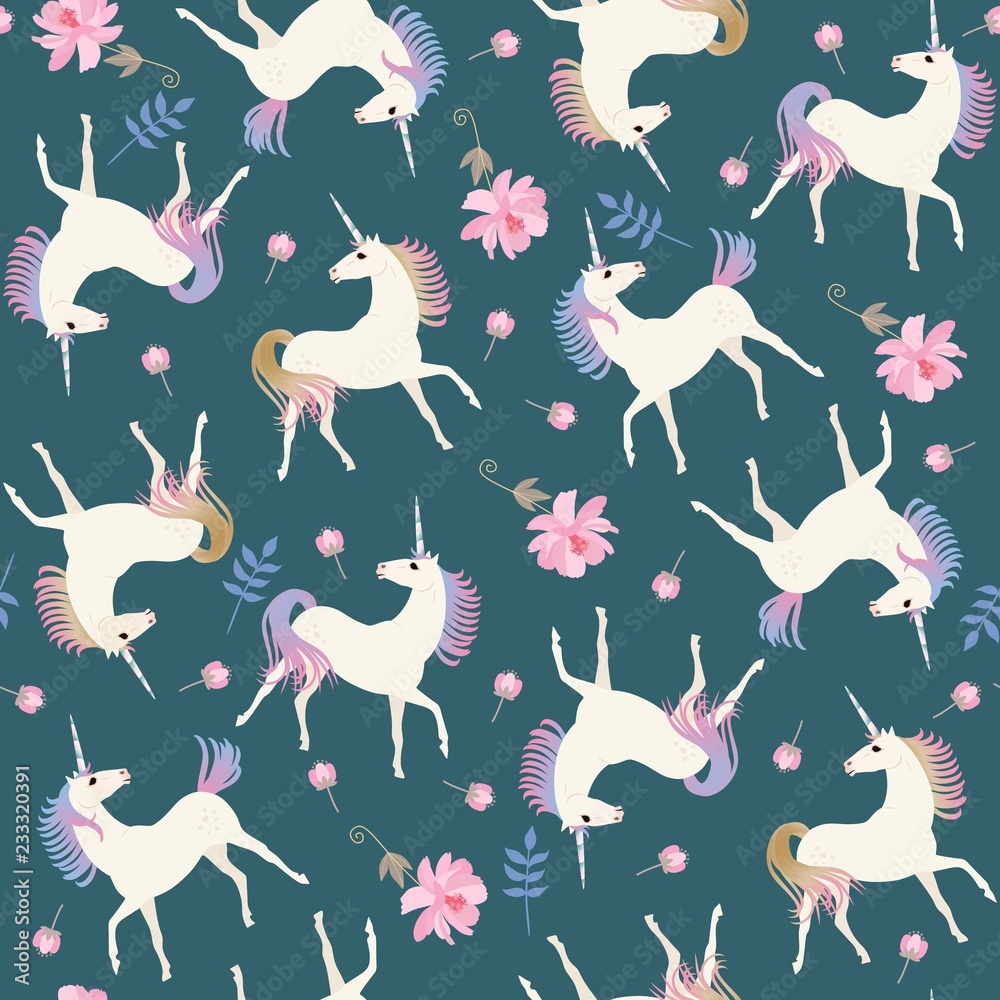 Sweet seamless pattern with cute unicorns and gentle pink flowers on emerald green color background in vector. Sweet seamless pattern with cute unicorns and gentle pink flowers on emerald green color background in vector.