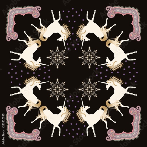 Black shawl with white unicorns , paisley ornament and golden mandala star in vector.
