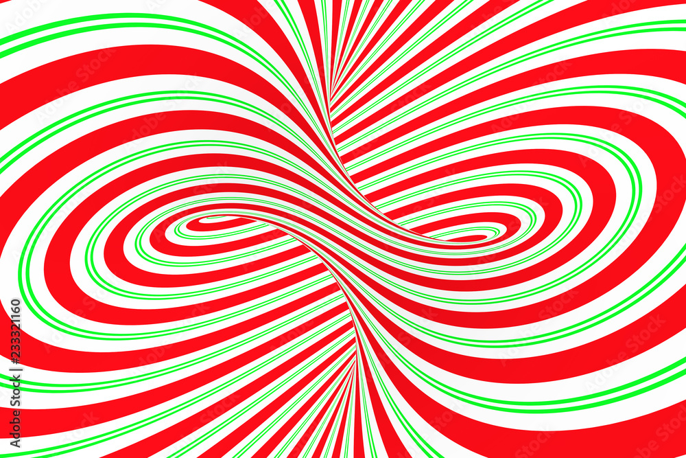Christmas festive red and green spiral tunnel. Striped twisted xmas optical illusion. Hypnotic background. 3D render illustration.