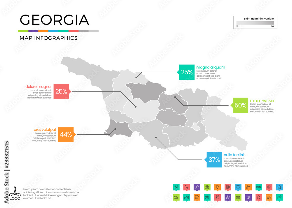 Georgia map infographics with editable separated layers, zones, elements and district area in vector